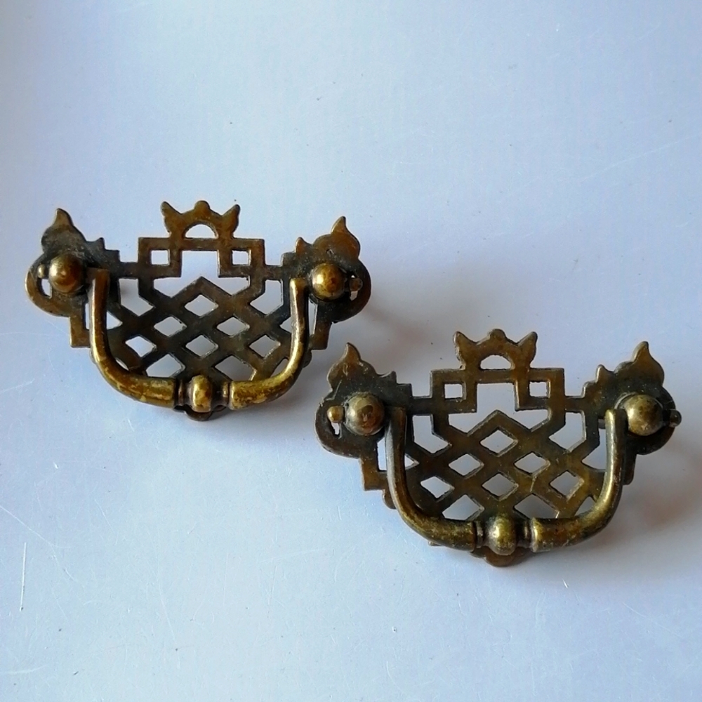 Two Large Vintage Chippendale Drawer Cabinet Bail Pull Handles with Swing
